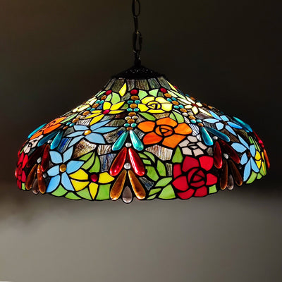 Traditional Tiffany Glass Metal Flower Leaf Beads Hat 2-Light Pendant Light For Bedroom