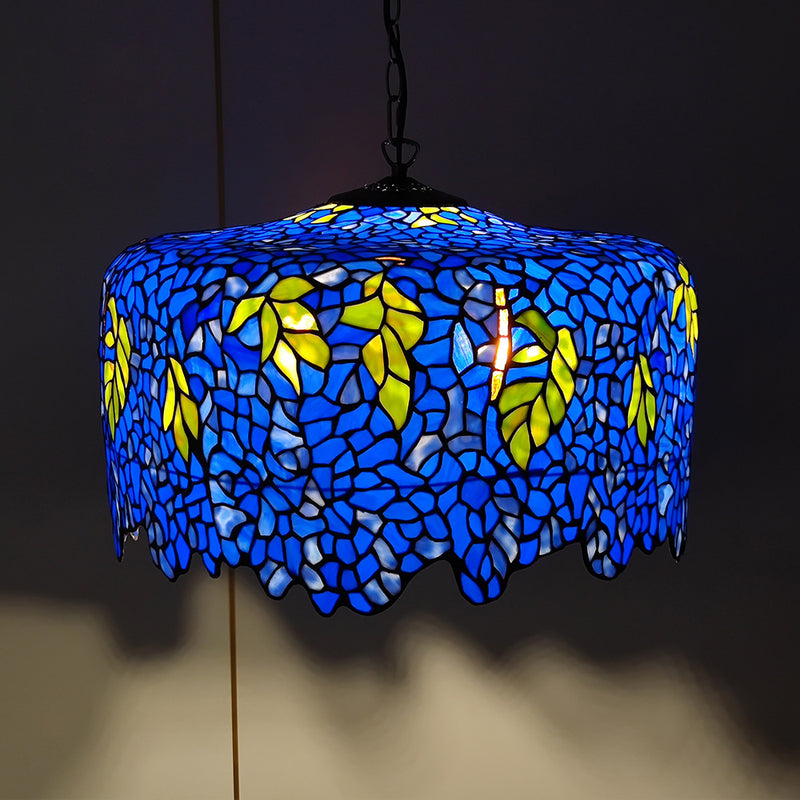 Traditional Tiffany Glass Metal Vine Grape 2-Light Pendant Light For Bedroom