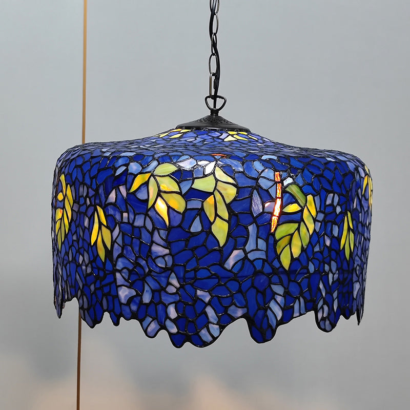 Traditional Tiffany Glass Metal Vine Grape 2-Light Pendant Light For Bedroom