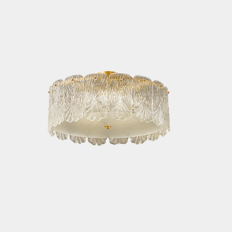 Traditional French Brass Glass Round Maple Leaf 4/5 Light Semi-Flush Mount Ceiling Light For Bedroom