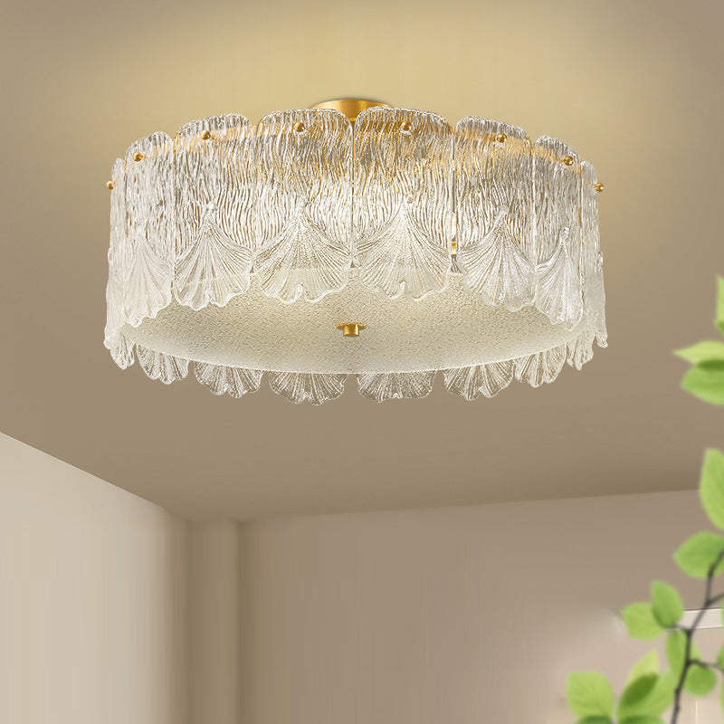 Traditional French Brass Glass Round Maple Leaf 4/5 Light Semi-Flush Mount Ceiling Light For Bedroom