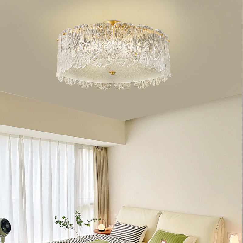 Traditional French Brass Glass Round Maple Leaf 4/5 Light Semi-Flush Mount Ceiling Light For Bedroom