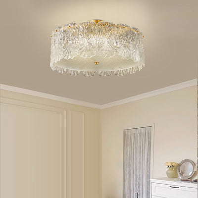 Traditional French Brass Glass Round Maple Leaf 4/5 Light Semi-Flush Mount Ceiling Light For Bedroom