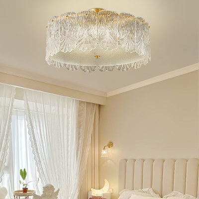 Traditional French Brass Glass Round Maple Leaf 4/5 Light Semi-Flush Mount Ceiling Light For Bedroom