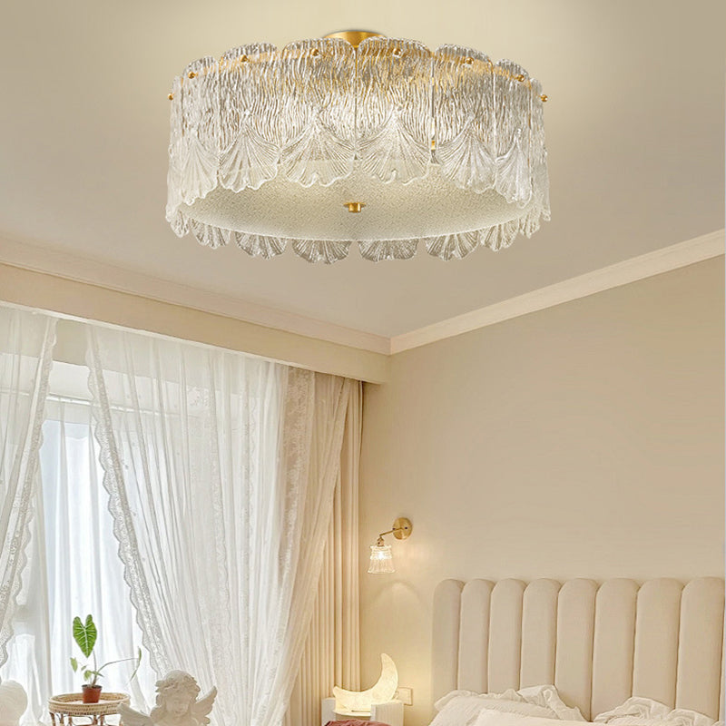 Traditional French Brass Glass Round Maple Leaf 4/5 Light Semi-Flush Mount Ceiling Light For Bedroom