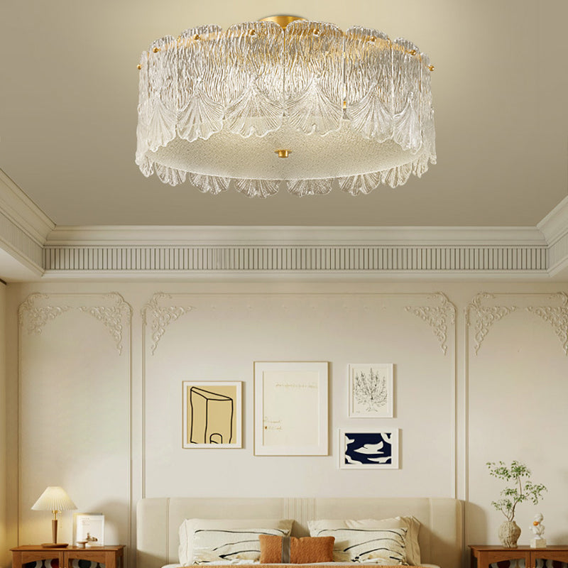 Traditional French Brass Glass Round Maple Leaf 4/5 Light Semi-Flush Mount Ceiling Light For Bedroom