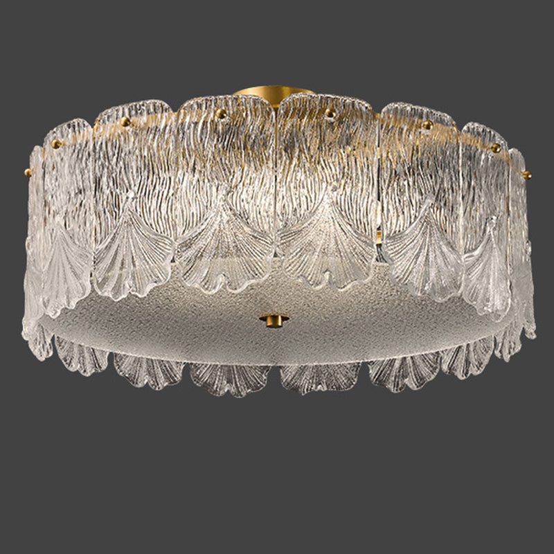 Traditional French Brass Glass Round Maple Leaf 4/5 Light Semi-Flush Mount Ceiling Light For Bedroom