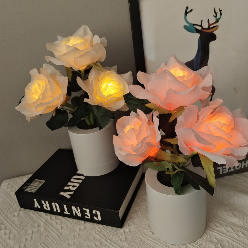 Modern Art Deco Rechargeable Plastic Fabric Flower Pot LED Table Lamp For Bedroom