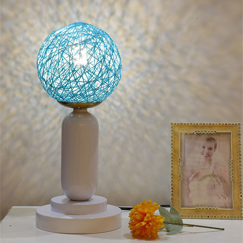 Contemporary Scandinavian Iron Glass Rattan Ball 1-Light Table Lamp For Bedside