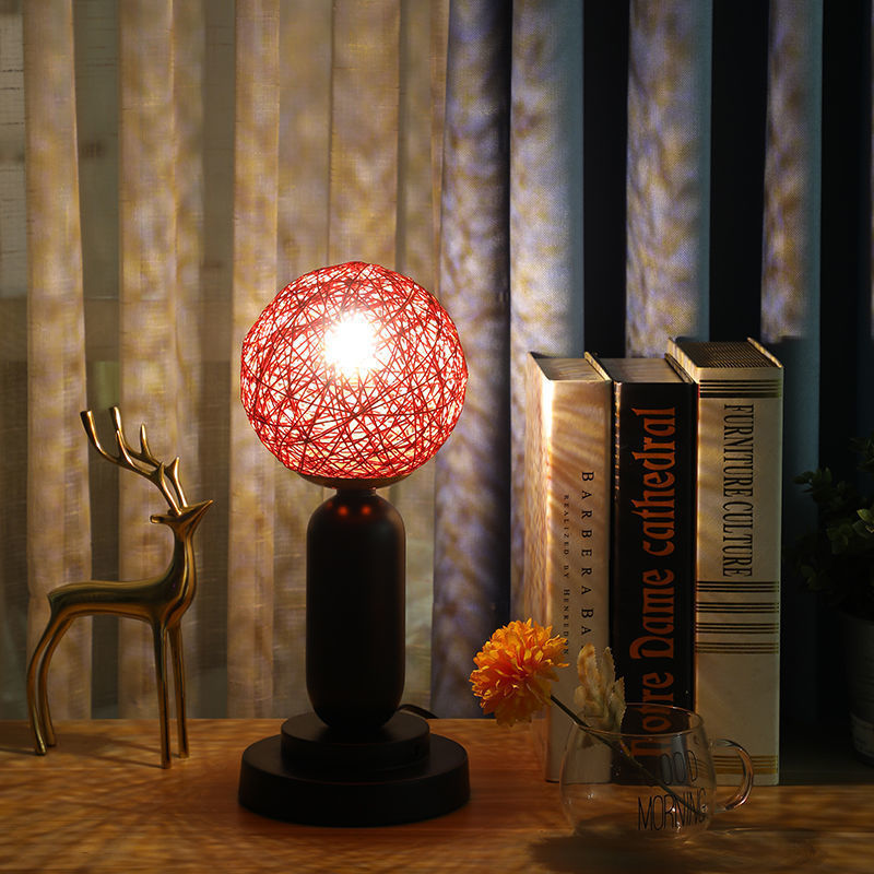 Contemporary Scandinavian Iron Glass Rattan Ball 1-Light Table Lamp For Bedside