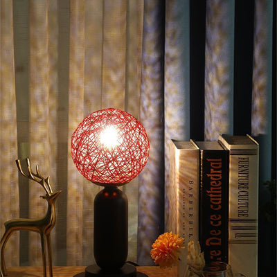 Contemporary Scandinavian Iron Glass Rattan Ball 1-Light Table Lamp For Bedside