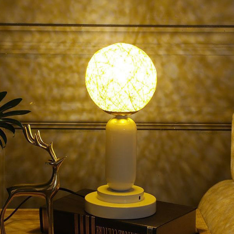 Contemporary Scandinavian Iron Glass Rattan Ball 1-Light Table Lamp For Bedside