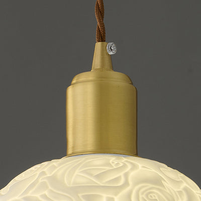 Traditional French Brass Ceramic Embossed Rose Dome 1-Light Pendant Light For Bedside