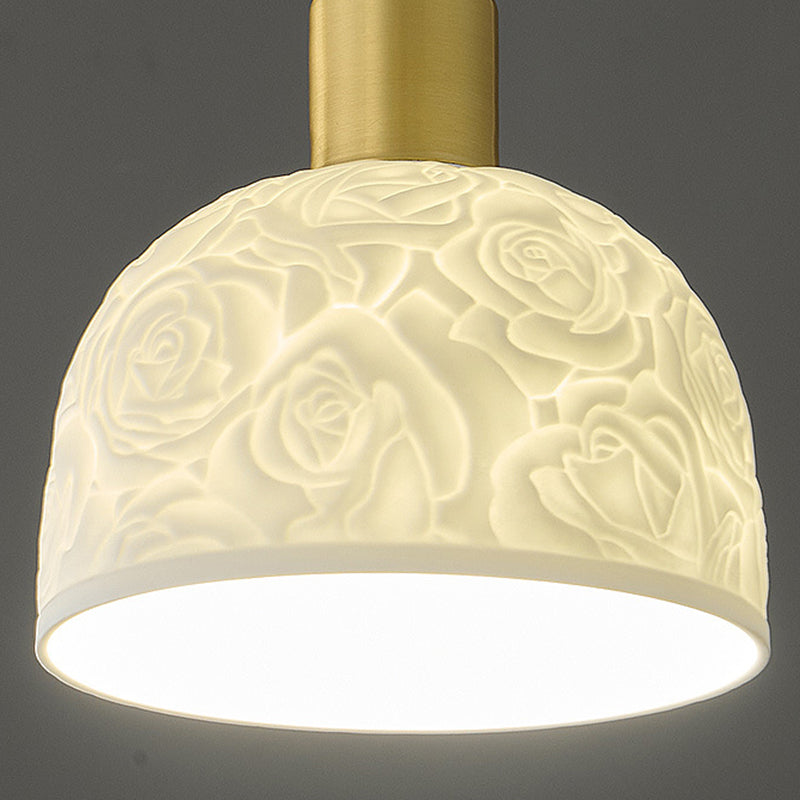 Traditional French Brass Ceramic Embossed Rose Dome 1-Light Pendant Light For Bedside