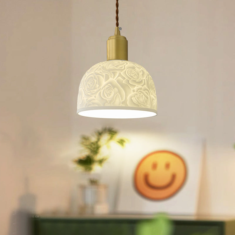 Traditional French Brass Ceramic Embossed Rose Dome 1-Light Pendant Light For Bedside