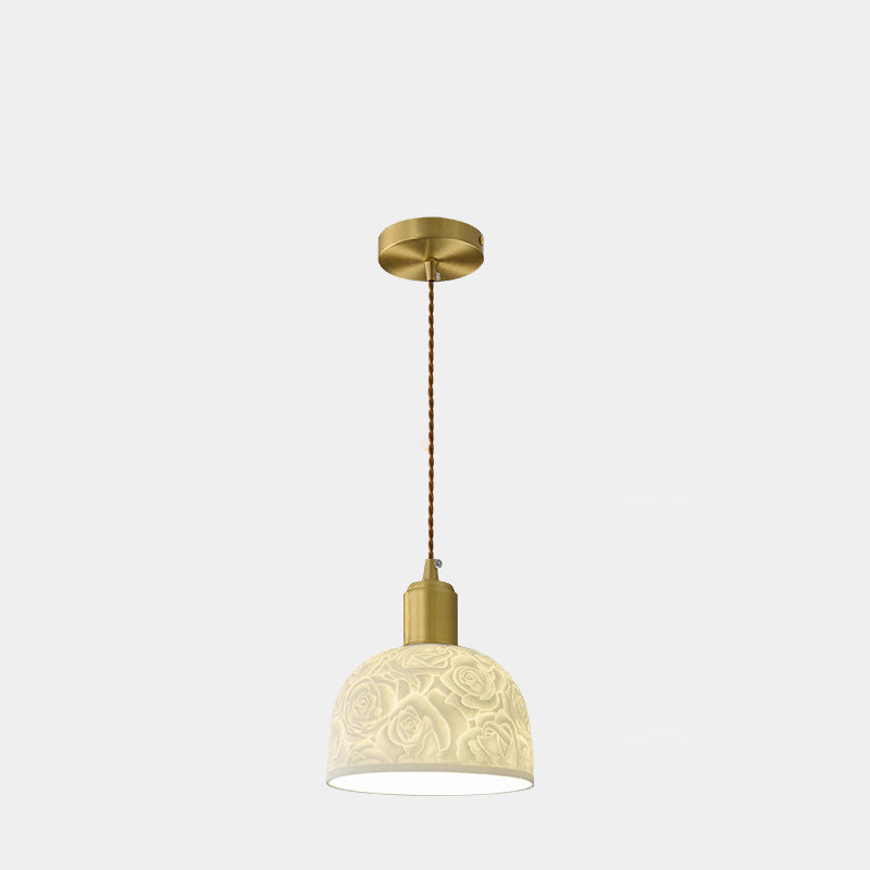 Traditional French Brass Ceramic Embossed Rose Dome 1-Light Pendant Light For Bedside