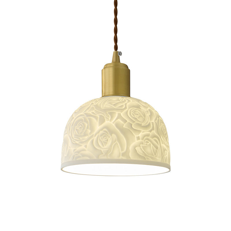 Traditional French Brass Ceramic Embossed Rose Dome 1-Light Pendant Light For Bedside