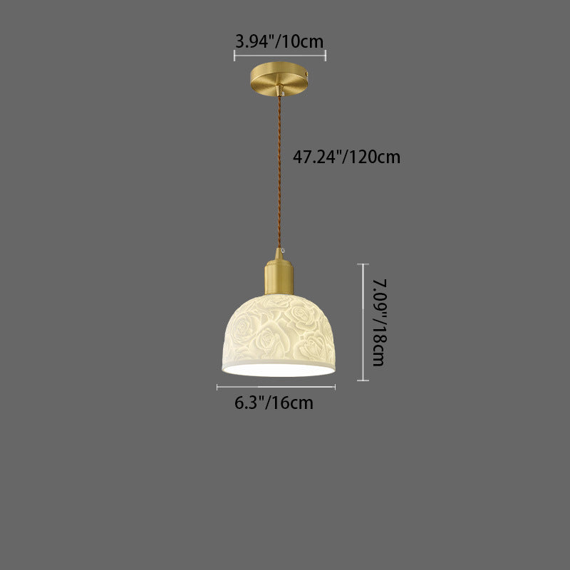 Traditional French Brass Ceramic Embossed Rose Dome 1-Light Pendant Light For Bedside