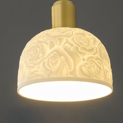 Traditional French Brass Ceramic Embossed Rose Dome 1-Light Pendant Light For Bedside