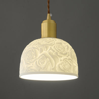 Traditional French Brass Ceramic Embossed Rose Dome 1-Light Pendant Light For Bedside