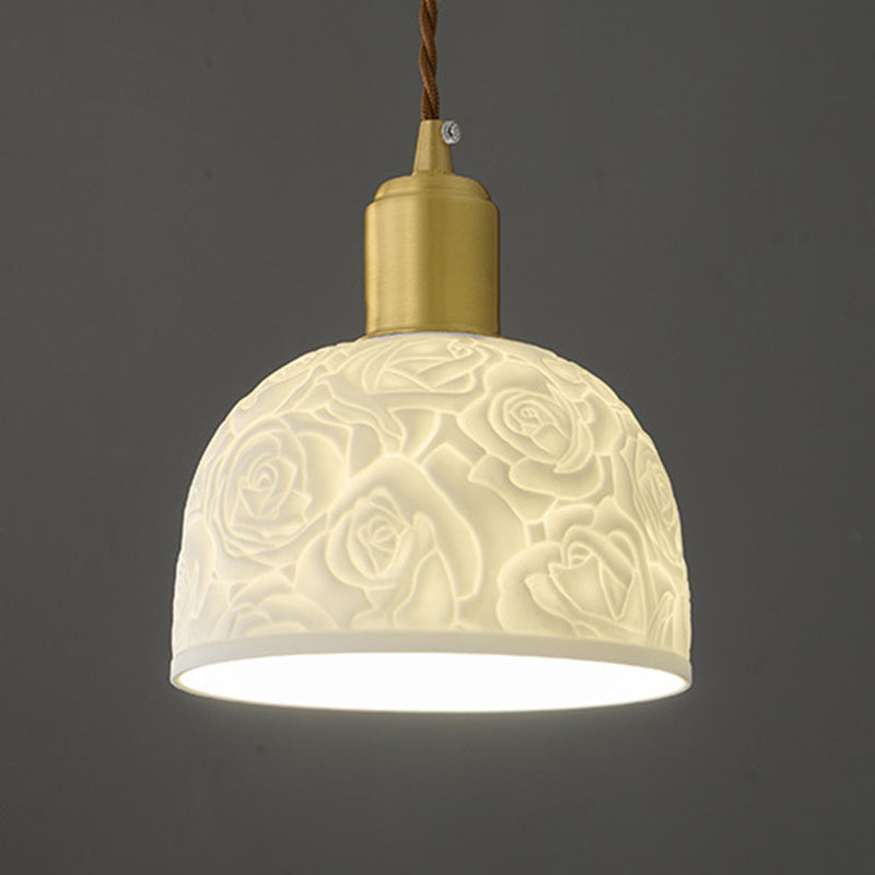 Traditional French Brass Ceramic Embossed Rose Dome 1-Light Pendant Light For Bedside