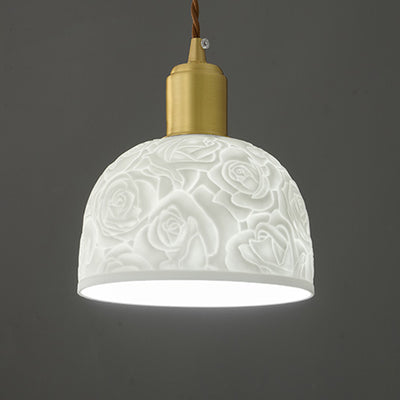 Traditional French Brass Ceramic Embossed Rose Dome 1-Light Pendant Light For Bedside