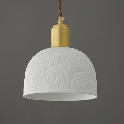 Traditional French Brass Ceramic Embossed Rose Dome 1-Light Pendant Light For Bedside