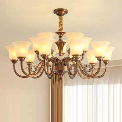 Traditional Rustic Copper Iron Glass Marble Column Bell Frosted 3/6/8/10/15 Light Chandeliers For Living Room