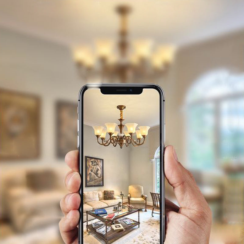 Traditional Rustic Copper Iron Glass Marble Column Bell Frosted 3/6/8/10/15 Light Chandeliers For Living Room