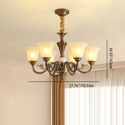 Traditional Rustic Copper Iron Glass Marble Column Bell Frosted 3/6/8/10/15 Light Chandeliers For Living Room