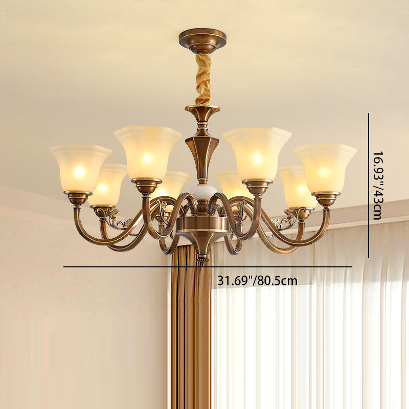 Traditional Rustic Copper Iron Glass Marble Column Bell Frosted 3/6/8/10/15 Light Chandeliers For Living Room