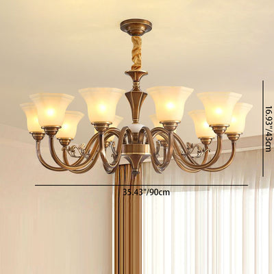 Traditional Rustic Copper Iron Glass Marble Column Bell Frosted 3/6/8/10/15 Light Chandeliers For Living Room