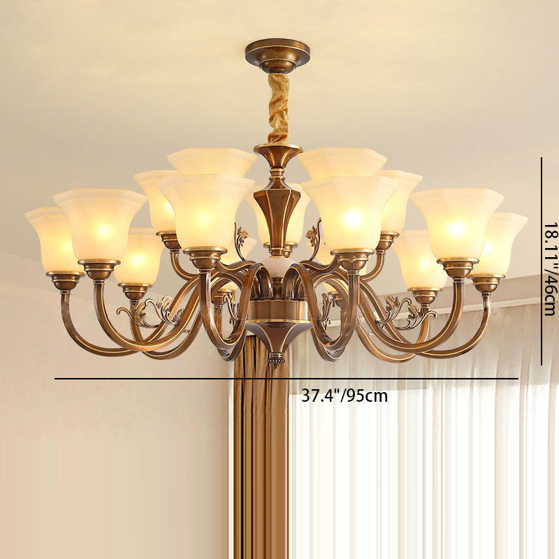 Traditional Rustic Copper Iron Glass Marble Column Bell Frosted 3/6/8/10/15 Light Chandeliers For Living Room