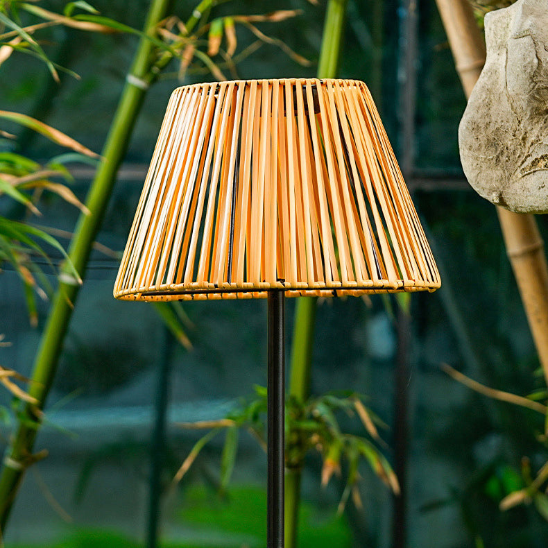 Traditional Japanese Solar Rechargeable Waterproof Conic Weaving Iron ABS LED Outdoor Standing Floor Lamp For Garden