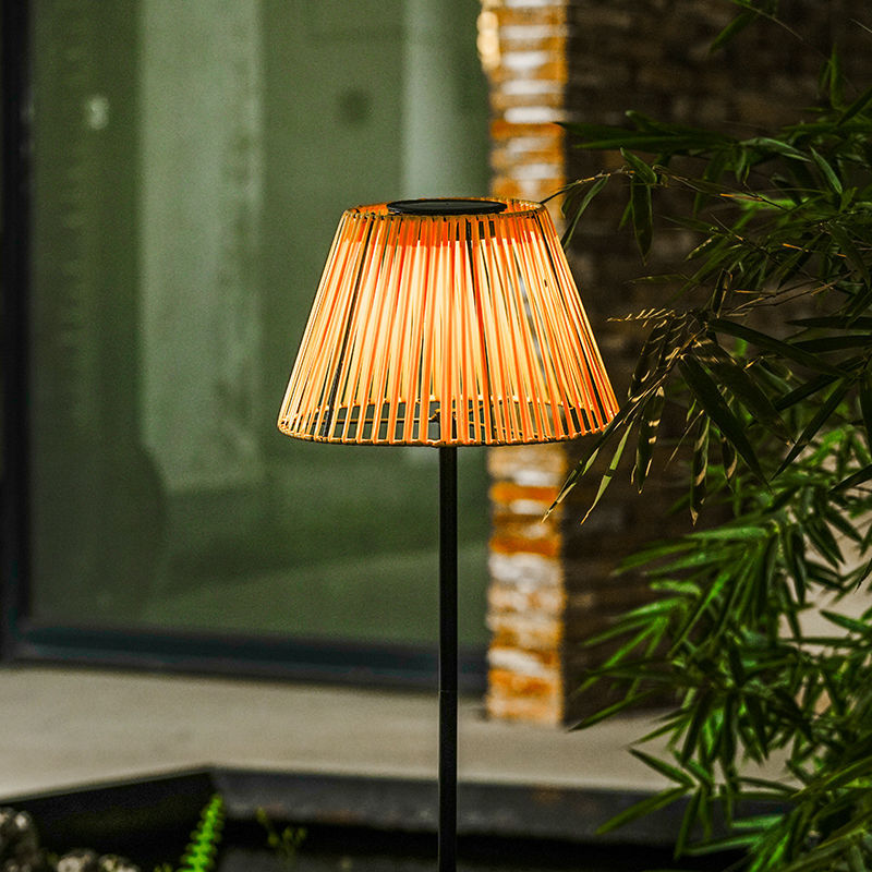 Traditional Japanese Solar Rechargeable Waterproof Conic Weaving Iron ABS LED Outdoor Standing Floor Lamp For Garden