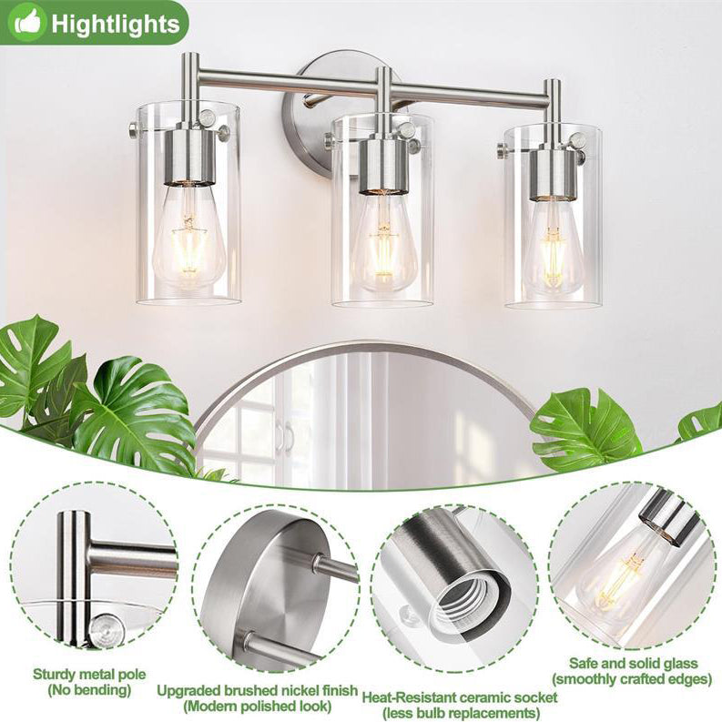 Contemporary Industrial Metal Glass Cylinder 3-Light Wall Sconce Lamp Vanity Light For Bathroom