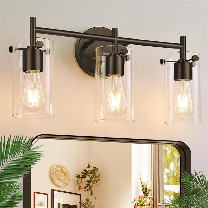 Contemporary Industrial Metal Glass Cylinder 3-Light Wall Sconce Lamp Vanity Light For Bathroom