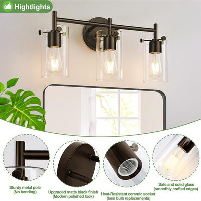 Contemporary Industrial Metal Glass Cylinder 3-Light Wall Sconce Lamp Vanity Light For Bathroom