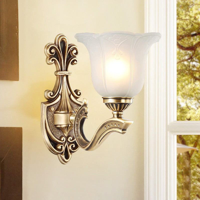 Traditional European Copper Glass Hardware Bell Floral 1/2 Light Wall Sconce Lamp For Bedside