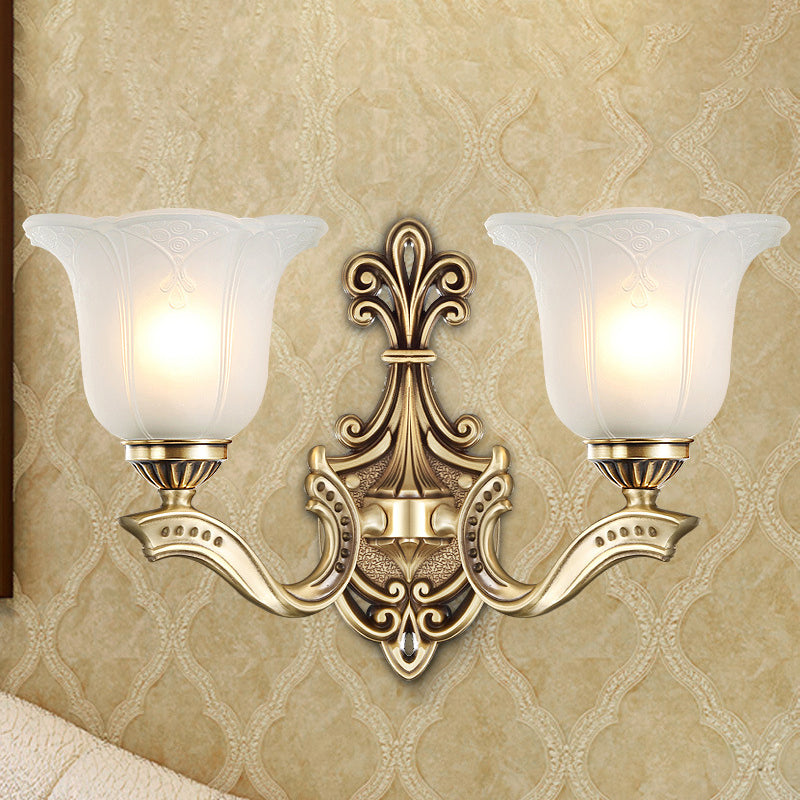 Traditional European Copper Glass Hardware Bell Floral 1/2 Light Wall Sconce Lamp For Bedside