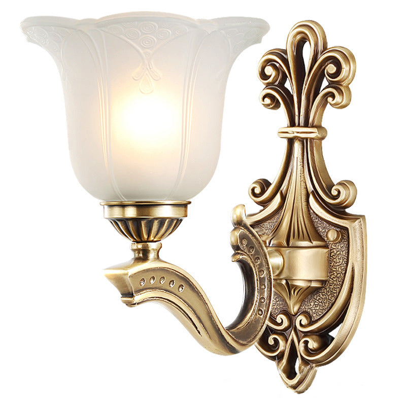 Traditional European Copper Glass Hardware Bell Floral 1/2 Light Wall Sconce Lamp For Bedside