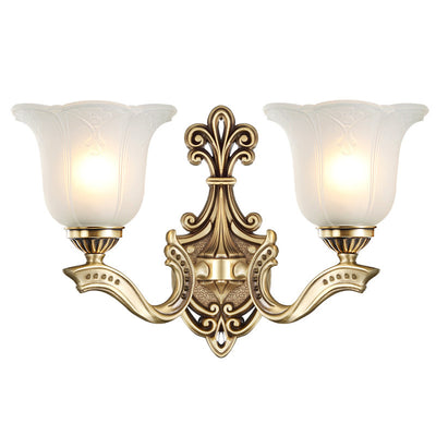 Traditional European Copper Glass Hardware Bell Floral 1/2 Light Wall Sconce Lamp For Bedside