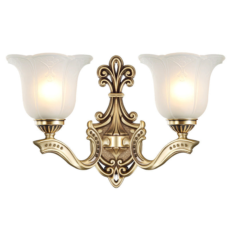 Traditional European Copper Glass Hardware Bell Floral 1/2 Light Wall Sconce Lamp For Bedside