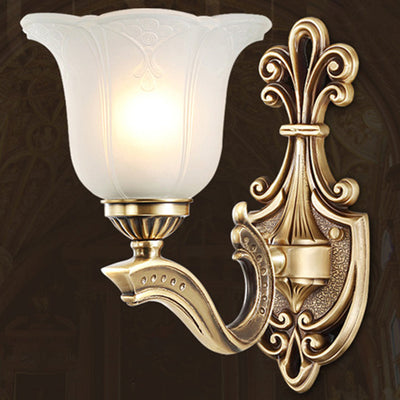 Traditional European Copper Glass Hardware Bell Floral 1/2 Light Wall Sconce Lamp For Bedside