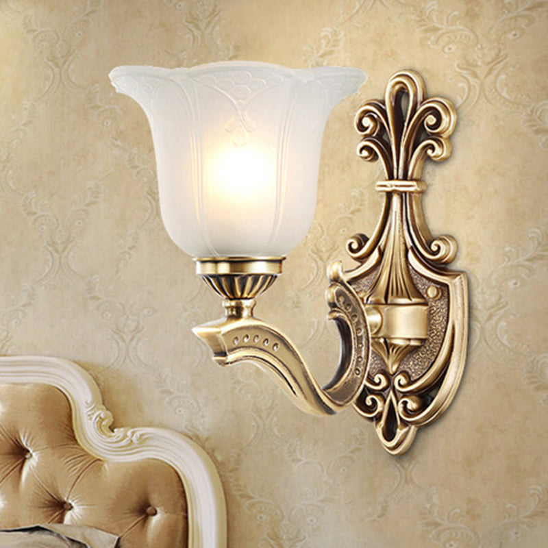 Traditional European Copper Glass Hardware Bell Floral 1/2 Light Wall Sconce Lamp For Bedside