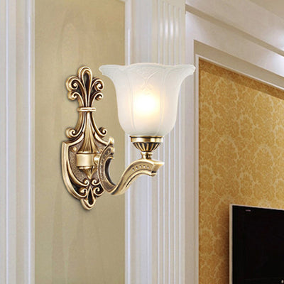 Traditional European Copper Glass Hardware Bell Floral 1/2 Light Wall Sconce Lamp For Bedside