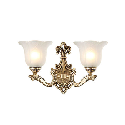 Traditional European Copper Glass Hardware Bell Floral 1/2 Light Wall Sconce Lamp For Bedside