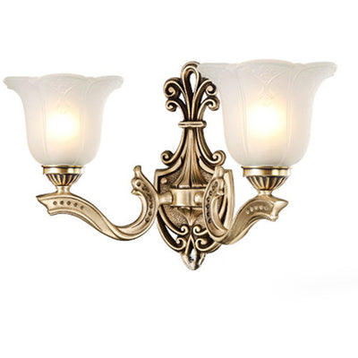 Traditional European Copper Glass Hardware Bell Floral 1/2 Light Wall Sconce Lamp For Bedside