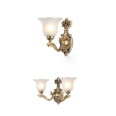 Traditional European Copper Glass Hardware Bell Floral 1/2 Light Wall Sconce Lamp For Bedside