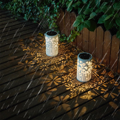 Contemporary Creative Solar Waterproof Iron Cylinder Lantern Butterfly Peony Flower Shadow LED Outdoor Light Landscape Lighting For Garden